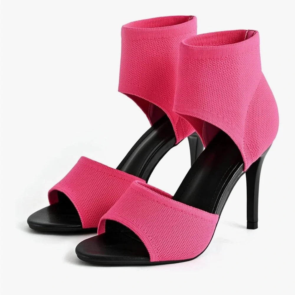 👉 Women’s Hot Pink Peep Toe Stiletto Heel Sandals – Stretch Knit Slip-On